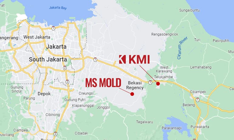 インドネシア子会社KMIとMS-MOLDの位置関係の地図