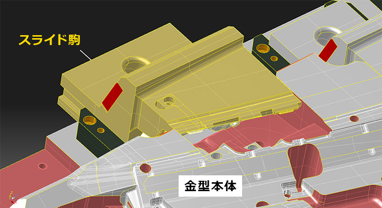 スライド駒と金型本体の『合わせ』の参考CAD図